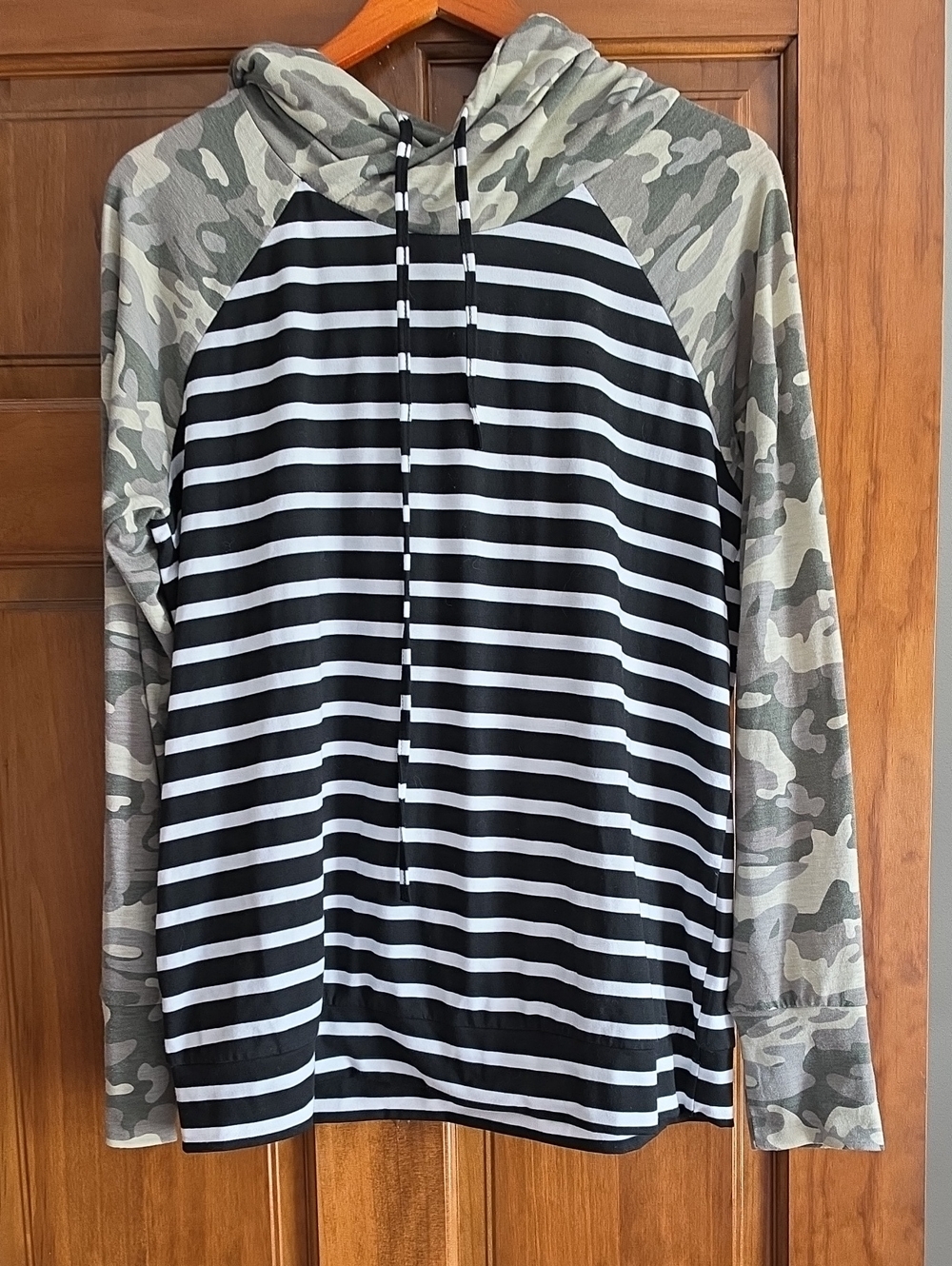 Tickled teal Black & White Striped Hoodie with Camo Sleeves